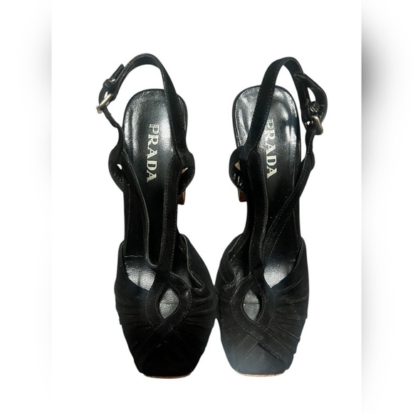 PRADA STRAPPY PEEP TOE SUEDE CORK HEEL BLACK SHOES Size 6 $995 - Picture 3 of 5